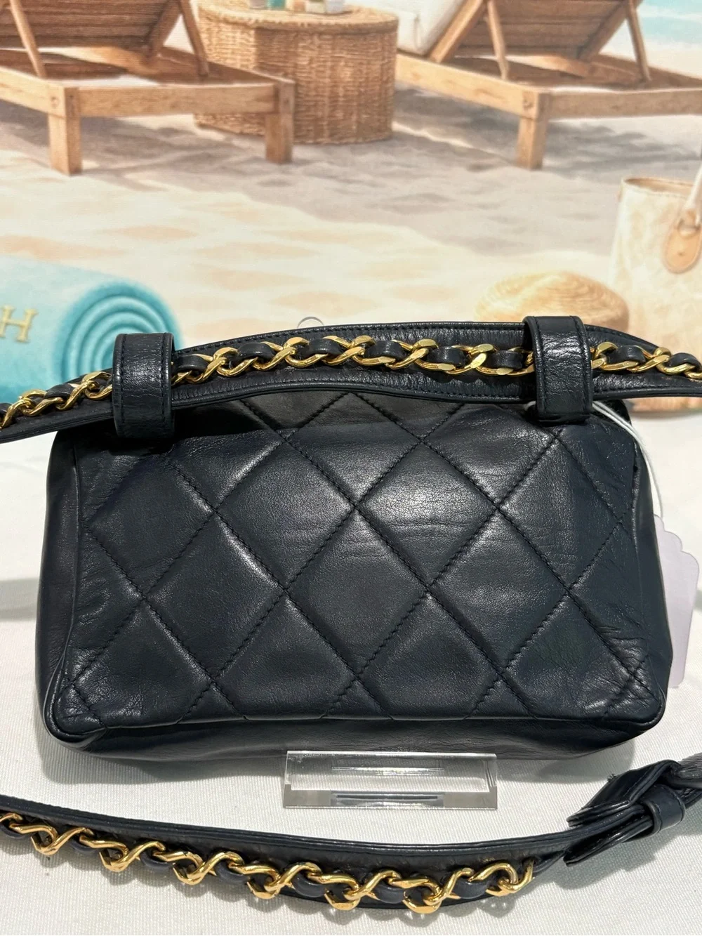 Authentic Chanel Navy Matelassé leather Belt Bag w Certificate of Authenticity